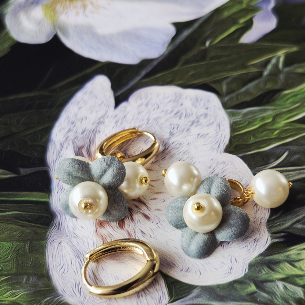 18k Gold Plated Oval Hool Pearl & Leather Flower Drop Earrings 2 In 1 - Picture 7 of 7